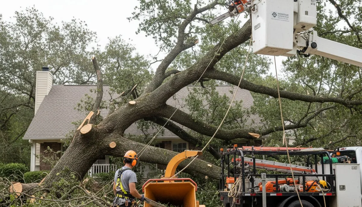 Emergency tree service crew removing storm-damaged tree in Overland Park, KS