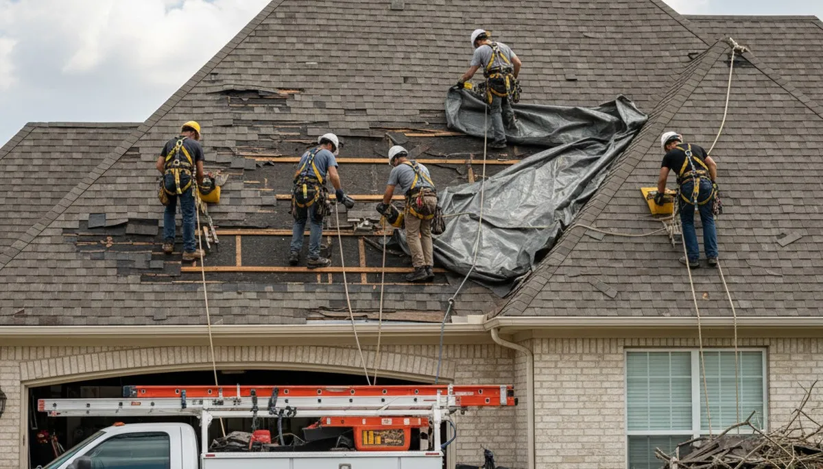 Arbor Tree Care crew cleaning storm damage in Overland Park, KS after severe weather cleanup