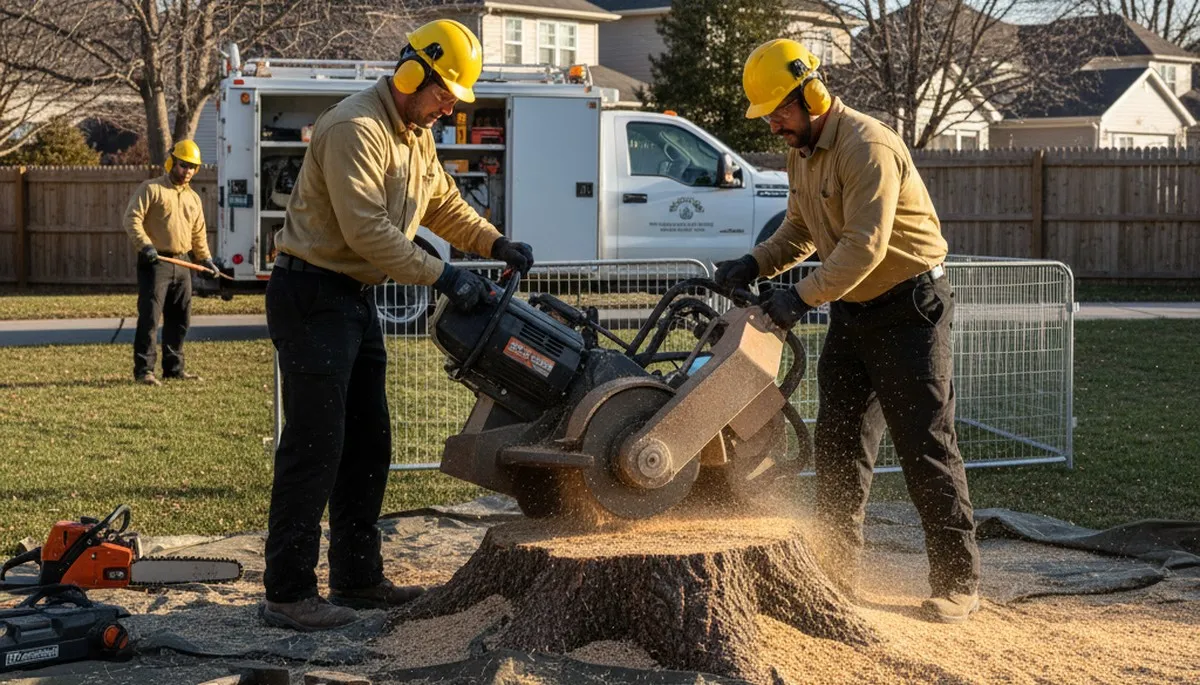 Stump removal crew in Overland Park, KS cleaning up a yard after safe stump grinding