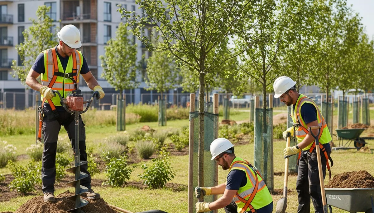 Tree planting service in Overland Park, KS by local arborists preparing and placing a young tree