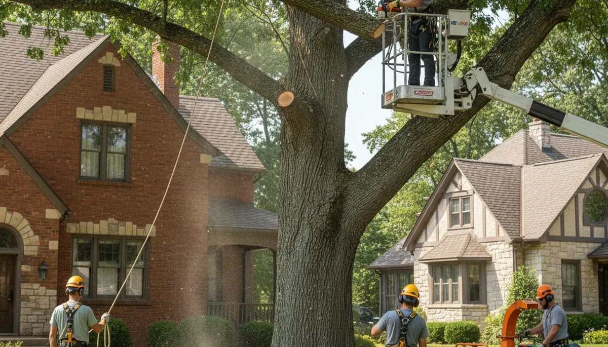 Tree service crew in Overland Park, KS removing a tree for safe residential property care