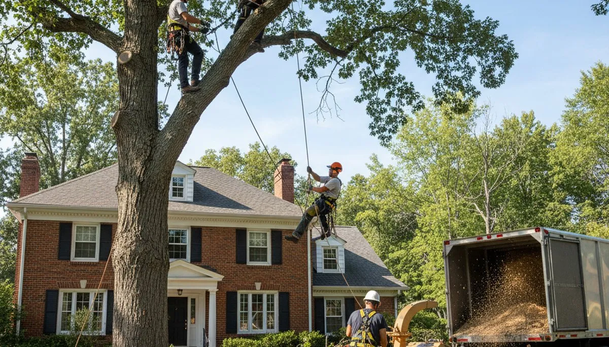 Tree service crew in Overland Park, KS removing a tree for safe property clearance
